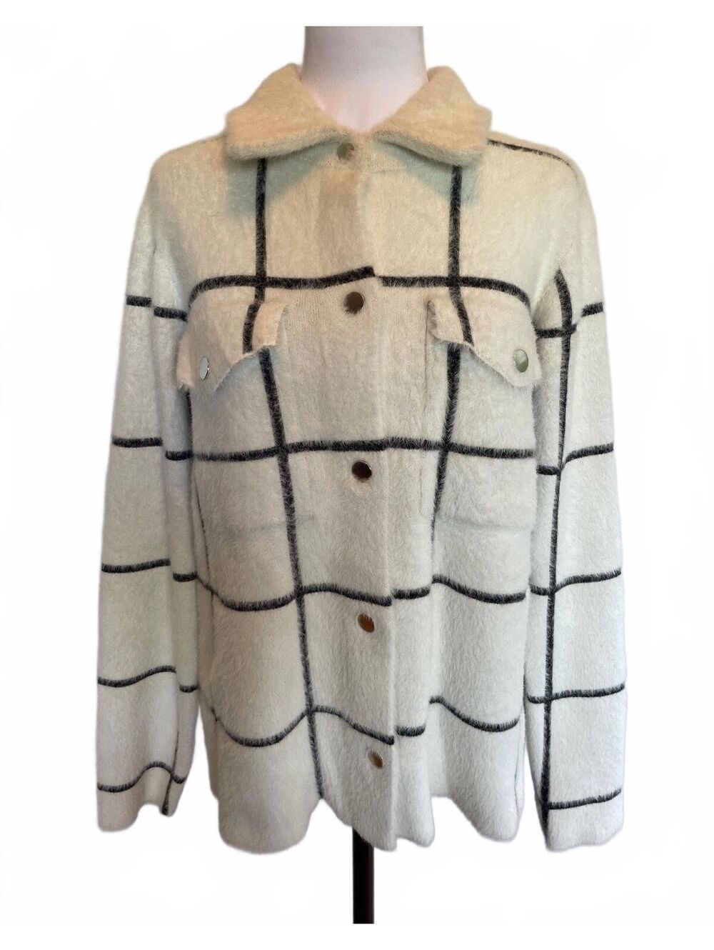 Rachel Zoe Windowpane Sweater Jacket Cream Black Shacket Button Front Medium
